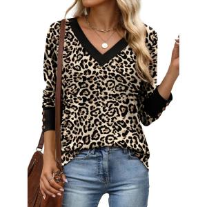 imageXIEERDUO Long Sleeve Shirt for Women Fall Outfits 2025 Dressy Casual Fashion Clothing V Neck Tunic Tops with ButtonLeopard
