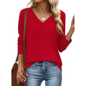 imageXIEERDUO Long Sleeve Shirt for Women Fall Outfits 2025 Dressy Casual Fashion Clothing V Neck Tunic Tops with ButtonRed