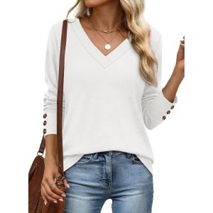 imageXIEERDUO Long Sleeve Shirt for Women Fall Outfits 2025 Dressy Casual Fashion Clothing V Neck Tunic Tops with ButtonWhite