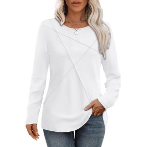 imageXIEERDUO Long Sleeve Shirts for Women Business Casual Tops Trendy Crewneck Fall T Shirts Pleated Loose FitA White
