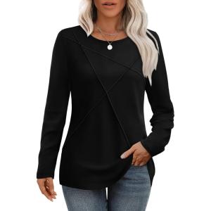 imageXIEERDUO Long Sleeve Shirts for Women Business Casual Tops Trendy Crewneck Fall T Shirts Pleated Loose FitBlack