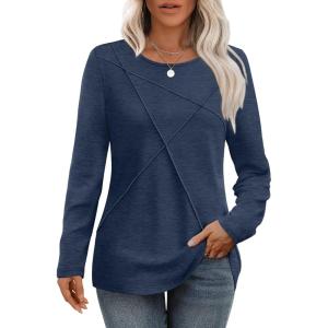 imageXIEERDUO Long Sleeve Shirts for Women Business Casual Tops Trendy Crewneck Fall T Shirts Pleated Loose FitBlue