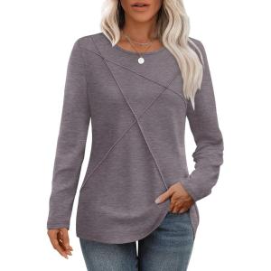 imageXIEERDUO Long Sleeve Shirts for Women Business Casual Tops Trendy Crewneck Fall T Shirts Pleated Loose FitCoffee Grey