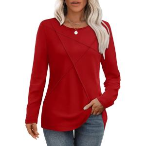 imageXIEERDUO Long Sleeve Shirts for Women Business Casual Tops Trendy Crewneck Fall T Shirts Pleated Loose FitRed