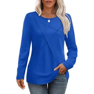 imageXIEERDUO Long Sleeve Shirts for Women Business Casual Tops Trendy Crewneck Fall T Shirts Pleated Loose FitRoyal Blue
