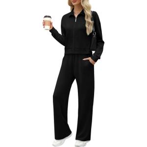 imageXIEERDUO Lounge Sets for Women 2025 Sweatsuit 2 Piece Outfits Sweatshirt Wide Leg Sweatpant Tracksuit Matching SetBlack