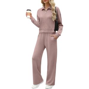 imageXIEERDUO Lounge Sets for Women 2025 Sweatsuit 2 Piece Outfits Sweatshirt Wide Leg Sweatpant Tracksuit Matching SetDark Pink