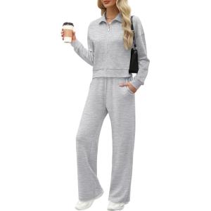 imageXIEERDUO Lounge Sets for Women 2025 Sweatsuit 2 Piece Outfits Sweatshirt Wide Leg Sweatpant Tracksuit Matching SetLight Grey