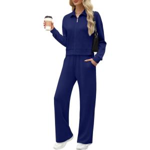 imageXIEERDUO Lounge Sets for Women 2025 Sweatsuit 2 Piece Outfits Sweatshirt Wide Leg Sweatpant Tracksuit Matching SetNavy Blue