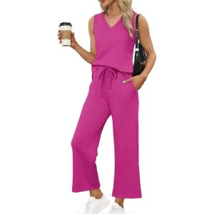 imageXIEERDUO Two Piece Sets for Women Summer Vacation Travel Outfits V Neck Lounge Matching SetsHot Pink