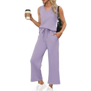 imageXIEERDUO Two Piece Sets for Women Summer Vacation Travel Outfits V Neck Lounge Matching SetsPurple