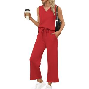 imageXIEERDUO Two Piece Sets for Women Summer Vacation Travel Outfits V Neck Lounge Matching SetsRed