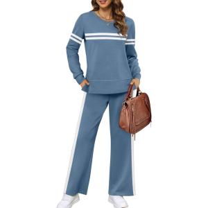 imageXIEERDUO Womens 2 Piece Lounge Sets Side Slit Outfits Wide Leg Tracksuit Comfy Loungewear Fashion Sweatsuit S3XLZ Blue White