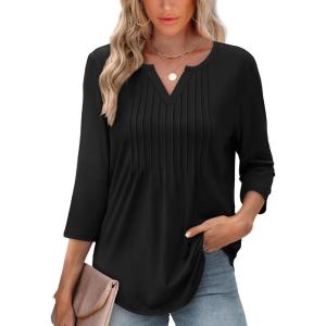 imageXIEERDUO Womens 34 Sleeve Tops 2025 VNeck Summer Outfits Casual Pleated Shirts Blouses Beach Vacation Fall Fashion ClothesAblack