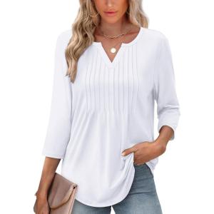 imageXIEERDUO Womens 34 Sleeve Tops 2025 VNeck Summer Outfits Casual Pleated Shirts Blouses Beach Vacation Fall Fashion ClothesAwhite