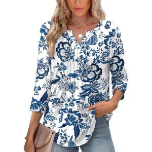 imageXIEERDUO Womens 34 Sleeve Tops 2025 VNeck Summer Outfits Casual Pleated Shirts Blouses Beach Vacation Fall Fashion ClothesFwhite Tribal Blue Floral