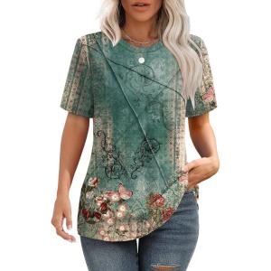 imageXIEERDUO Womens Summer Tops 2025 Pleated Round Neck Short Sleeve Shirts Business CasualZ Floral Green