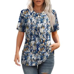 imageXIEERDUO Womens Summer Tops 2025 Pleated Round Neck Short Sleeve Shirts Business CasualZ Multi Blue