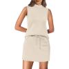 imageXIEERDUO Two Piece Skirt Sets for Women Summer Beach Vacation Outfits Mock Neck Tops Tennis Skirt Lounge Matching SetsBeige