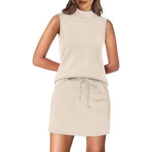 imageXIEERDUO Two Piece Skirt Sets for Women Summer Beach Vacation Outfits Mock Neck Tops Tennis Skirt Lounge Matching SetsBeige