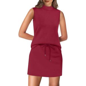 imageXIEERDUO Two Piece Skirt Sets for Women Summer Beach Vacation Outfits Mock Neck Tops Tennis Skirt Lounge Matching SetsRed