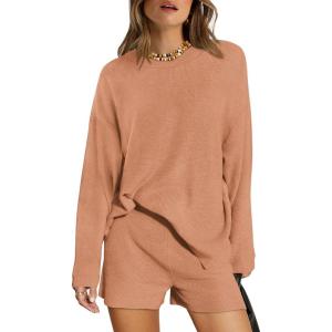 imageXIEERDUO Womens Sweater Sets 2 Piece Outfits Shorts Athleisure Lounge Wear Fall Fashion 2024Wkhakipink