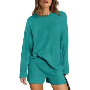 imageXIEERDUO Womens Sweater Sets 2 Piece Outfits Shorts Athleisure Lounge Wear Fall Fashion 2024Ybluegreen