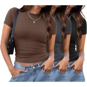 imageXIEERDUO Basic Tops for Women Short Sleeve Baby Tees 23 Pack Crew Neck T Shirts Slim Fit Tees3 Pack BlackGreyBrown
