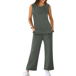 imageXIEERDUO Womens 2 Piece Outfits Crewneck Sleeveless Wide Leg Pants Matching Lounge Set Casual Summer Tracksuit Spring Loungewear S