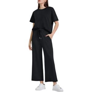 imageXIEERDUO Womens 2 Piece Outfits For Women Loose Pajamas Pullover Tops And Wide Leg Pants Lounge Sets Tracksuit Sweatsuit01black