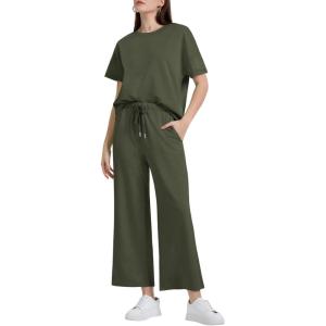 imageXIEERDUO Womens 2 Piece Outfits For Women Loose Pajamas Pullover Tops And Wide Leg Pants Lounge Sets Tracksuit Sweatsuit03green