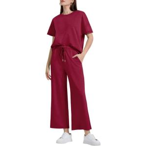 imageXIEERDUO Womens 2 Piece Outfits For Women Loose Pajamas Pullover Tops And Wide Leg Pants Lounge Sets Tracksuit Sweatsuit09wine