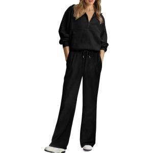 imageXIEERDUO Womens Half Zip Sweatsuits Two Piece Travel Outfits Oversized Ribbed Sweatshirts Sweatpants Lounge Sets S3XLA01black