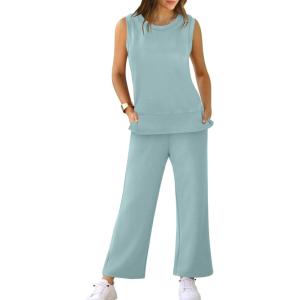 imageXIEERDUO Womens Two Piece Lounge Sets Sleeveless Crewneck Wide Leg Tracksuits 2 Piece Summer Travel Outfits Casual Loungewear Casual Spring M