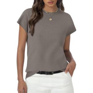 imageWomens Tops Summer Sweater Short Sleeve Shirts Dressy Casual Basic Casual Cap Sleeve Tops Beach Vacation ClothesKhaki