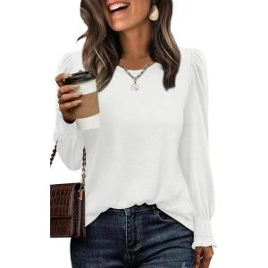 imageXIEERDUO Blouses for Women Dressy Casual Long Sleeve Shirts Fashion Clothing Puff Sleeve Tunic Tops with Smocked CuffsAwhite