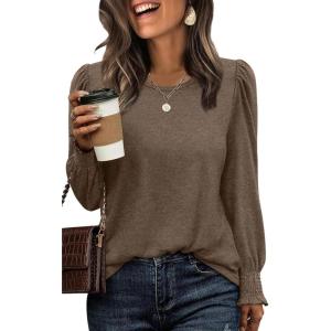 imageXIEERDUO Blouses for Women Dressy Casual Long Sleeve Shirts Fashion Clothing Puff Sleeve Tunic Tops with Smocked CuffsCcoffee