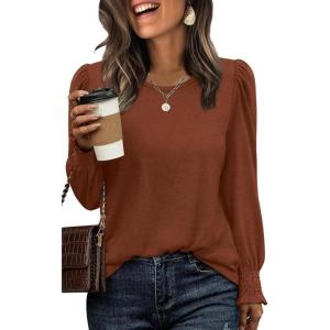 imageXIEERDUO Blouses for Women Dressy Casual Long Sleeve Shirts Fashion Clothing Puff Sleeve Tunic Tops with Smocked CuffsDcaramel