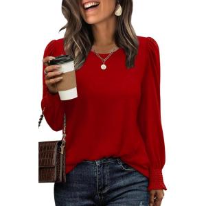 imageXIEERDUO Blouses for Women Dressy Casual Long Sleeve Shirts Fashion Clothing Puff Sleeve Tunic Tops with Smocked CuffsGred