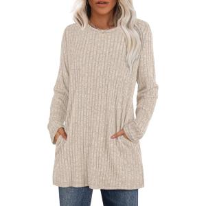imageXIEERDUO Long Sleeve Shirts for Women Crewneck Tunic Tops Loose Fit Dressy Womens Sweaters with Pockets Fall Fashion 2025Apricot