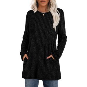 imageXIEERDUO Long Sleeve Shirts for Women Crewneck Tunic Tops Loose Fit Dressy Womens Sweaters with Pockets Fall Fashion 2025Black