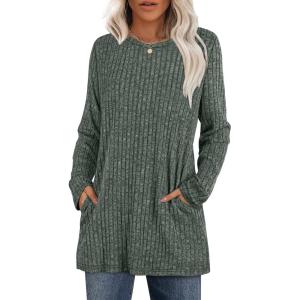 imageXIEERDUO Long Sleeve Shirts for Women Crewneck Tunic Tops Loose Fit Dressy Womens Sweaters with Pockets Fall Fashion 2025Green