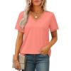 imageXIEERDUO V Neck T Shirts for Women Lace Sleeve Ladies Tops and Blouses Summer Outfits Basic TeeBcoral