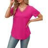 imageXIEERDUO V Neck T Shirts for Women Lace Sleeve Ladies Tops and Blouses Summer Outfits Basic TeeHot Pink