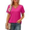 imageXIEERDUO V Neck T Shirts for Women Lace Sleeve Ladies Tops and Blouses Summer Outfits Basic TeeHot Pink
