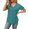 imageXIEERDUO V Neck T Shirts for Women Lace Sleeve Ladies Tops and Blouses Summer Outfits Basic TeeLight Blue