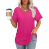 imageXIEERDUO V Neck T Shirts for Women Lace Sleeve Ladies Tops and Blouses Summer Outfits Basic TeeHot Pink