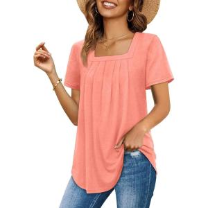 imageWomens Summer Tops Square Neck Pleated Front Short Sleeve Tunic Shirts S3XL04coral