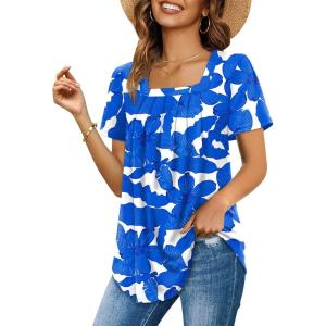 imageWomens Summer Tops Square Neck Pleated Front Short Sleeve Tunic Shirts S3XL26blue Floral