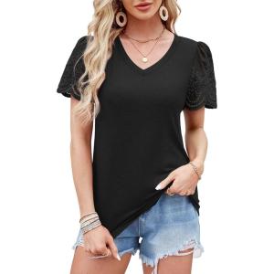 imageXIEERDUO Lace Puff Sleeve Tops for Women 2024 V Neck Shirts Womens Shirts Dressy Casual Loose Tops Summer Tee ShirtA01black